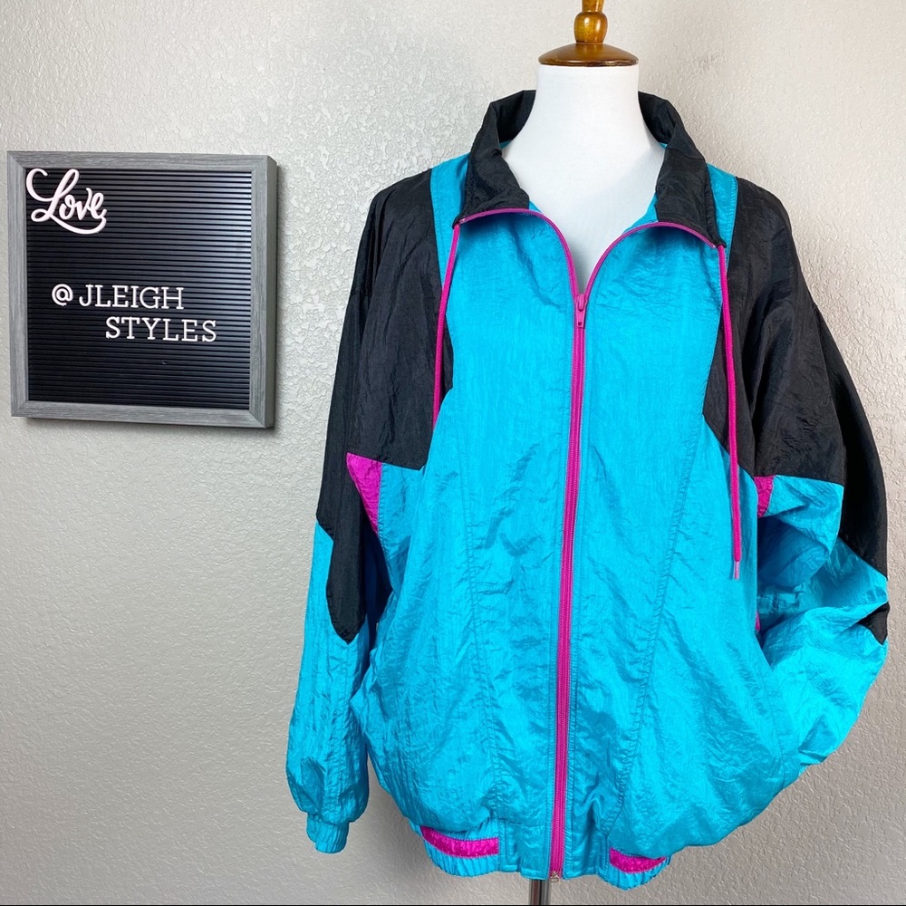 Vintage Turquoise & Black Track Zip Up Jacket XL